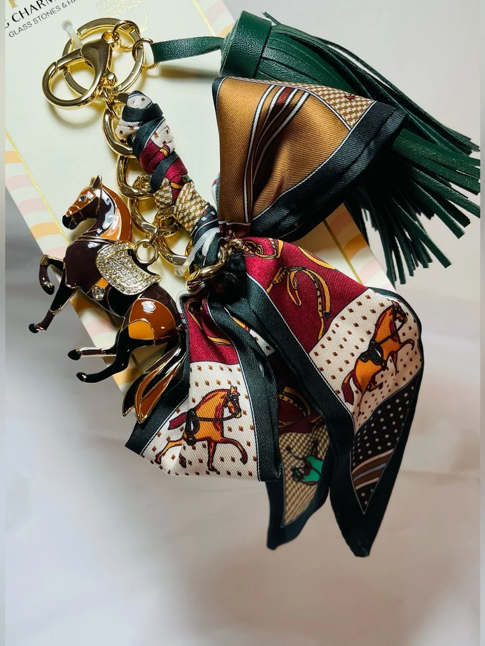 Gold-Tone Horse Charm Keychain with Burgundy & Green Accent Scarf